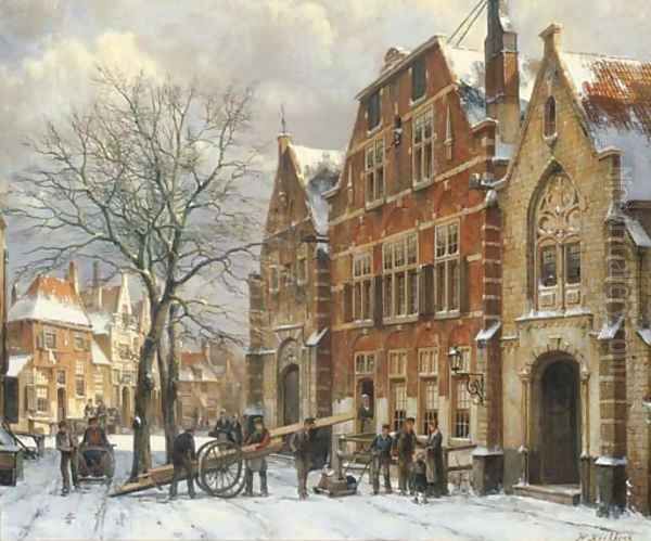 Winter daily activities on a sunny day in Oudewater Oil Painting by Willem Koekkoek