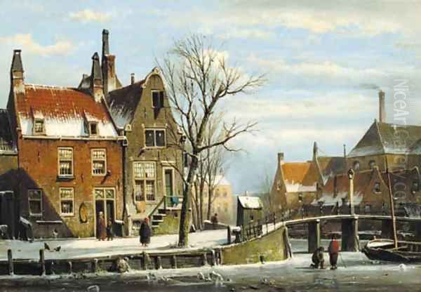 A view in a town with houses along a frozen canal, with townsfolk by a bridge Oil Painting by Willem Koekkoek