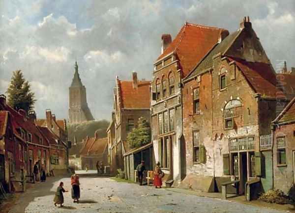 A sunlit street in a Dutch town Oil Painting by Willem Koekkoek