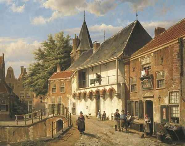 Dutch Street with Figures by an Inn by a Bridge Oil Painting by Willem Koekkoek