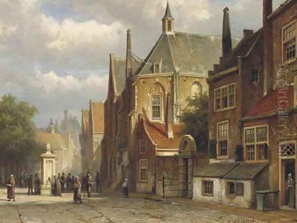 Figures by a wellhead in a Dutch town Oil Painting by Willem Koekkoek