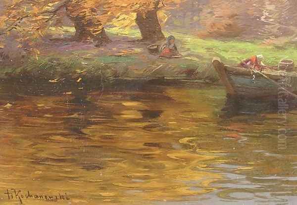 Autumn Landscape on the Riverside Oil Painting by Roman Kochanowski