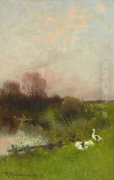 Landscape with Geese Oil Painting by Roman Kochanowski