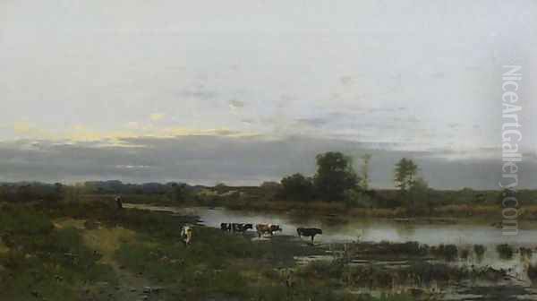 Evening Landscape at the River Oil Painting by Roman Kochanowski