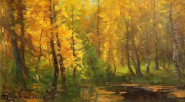 Lake in a Forest Oil Painting by Roman Kochanowski