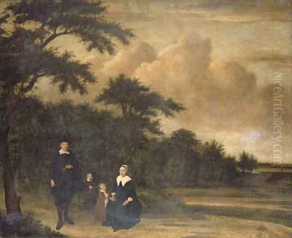 A group portrait of a gentleman and a lady with their children in an extensive wooded landscape Oil Painting by Philips Koninck