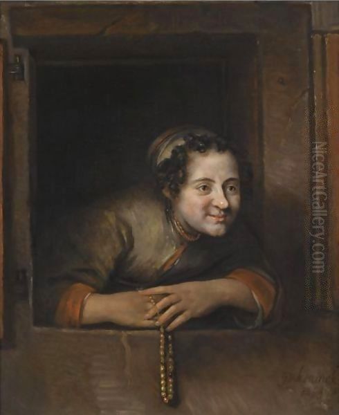 A young woman leaning out of a window, holding a pearl necklace Oil Painting by Philips Koninck