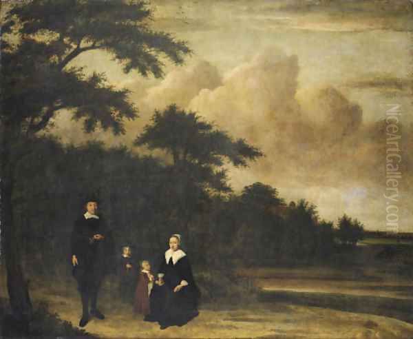 Group portrait of a gentleman and a lady with their children in an extensive wooded landscape Oil Painting by Philips Koninck