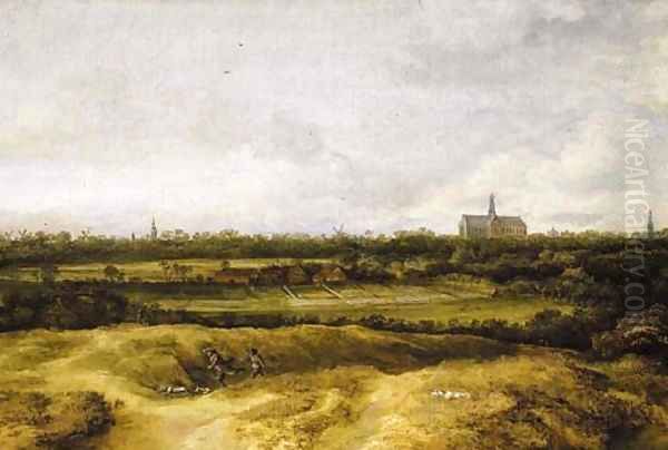 The bleaching fields near Haarlem with sportsmen in the foreground, a view of St. Bavo's beyond Oil Painting by Philips Koninck