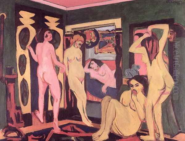 Bathers in a Room Oil Painting by Ernst Ludwig Kirchner