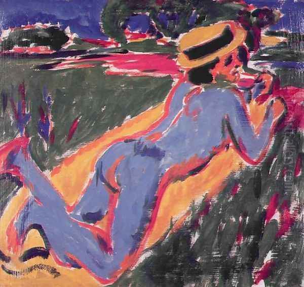 Blue Reclining Nude with a Straw Hat Oil Painting by Ernst Ludwig Kirchner