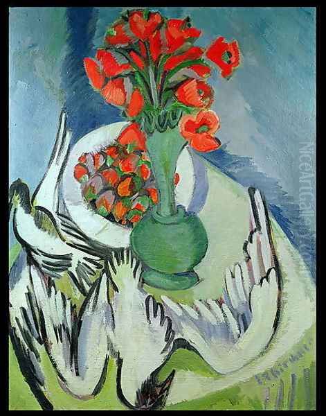 Still Life With Seagulls Poppies and Strawberries Oil Painting by Ernst Ludwig Kirchner