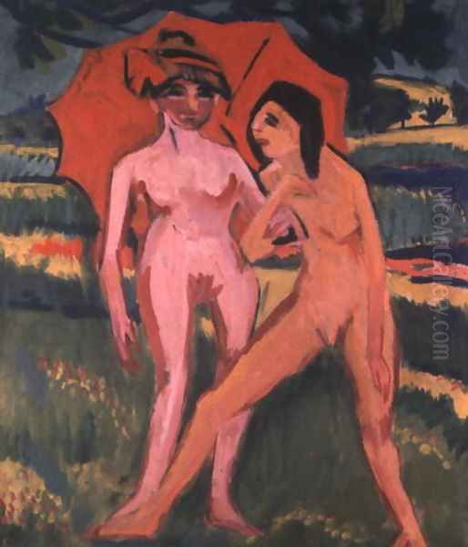 Two Women under a Red Umbrella Oil Painting by Ernst Ludwig Kirchner