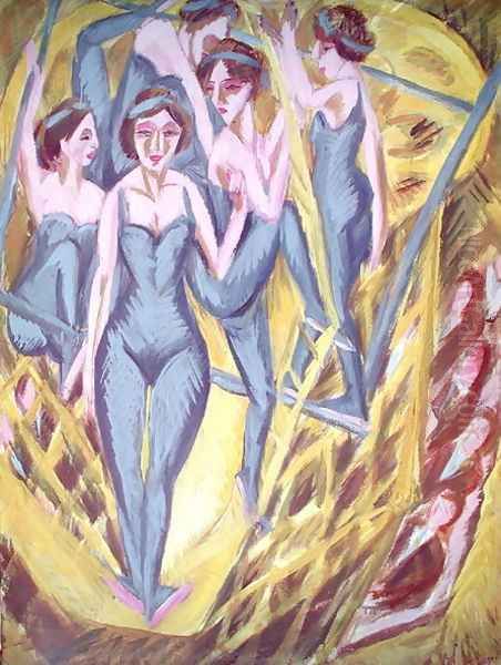 Trapeze Artists in Blue Oil Painting by Ernst Ludwig Kirchner