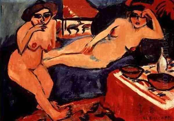 Two Nudes on a Blue Sofa Oil Painting by Ernst Ludwig Kirchner