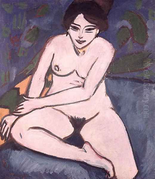 Model on Blue Ground Oil Painting by Ernst Ludwig Kirchner