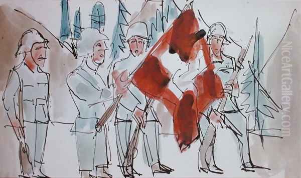 Swiss Soldiers with Flag Oil Painting by Ernst Ludwig Kirchner