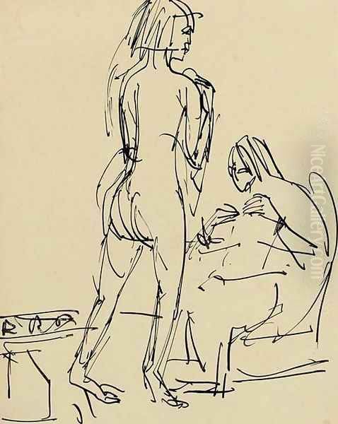 Stehender und sitzender Akte im Atelier Oil Painting by Ernst Ludwig Kirchner