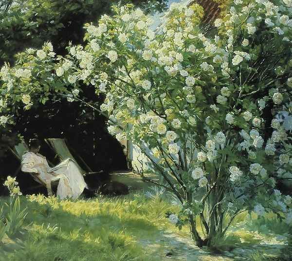 Roses - Gardenpart from Skagen with the Artist's Wife Oil Painting by Peder Severin Kroyer