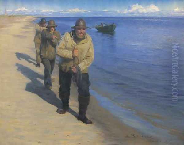 Three Fishermen Pulling a Boat Oil Painting by Peder Severin Kroyer