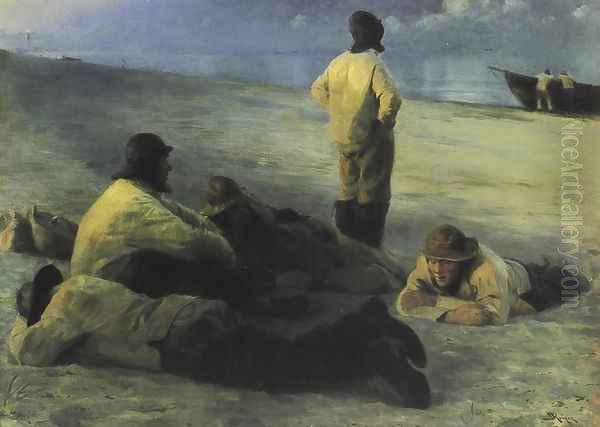 Fishermen on the Beach Oil Painting by Peder Severin Kroyer