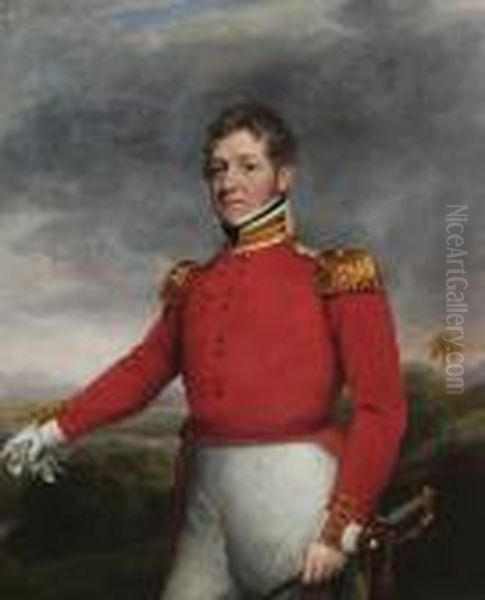 Portrait Of An Officer Of The 32nd Regiment Of Foot, A View Of India Beyond Oil Painting by George Chinnery