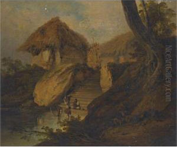 Figures Washing In A River With Thatched Huts Behind, Bengal, India Oil Painting by George Chinnery