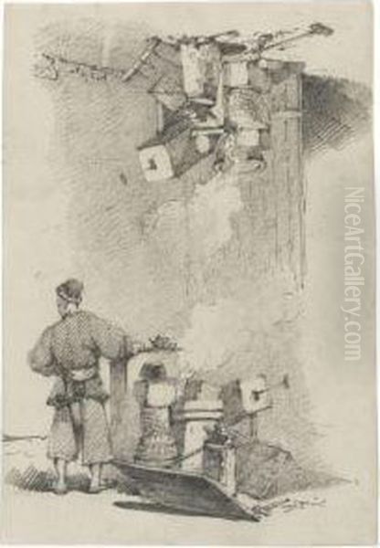 Two Studies Of A Chinese Workshop One With A Standing Malefigure Oil Painting by George Chinnery