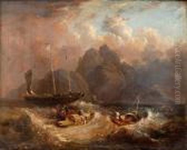 Chinese Boats Caught In A Squall, Amountainous Island Beyond. Oil Painting by George Chinnery