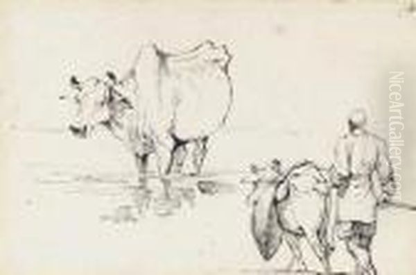 Studies Of Indian Cattle Oil Painting by George Chinnery