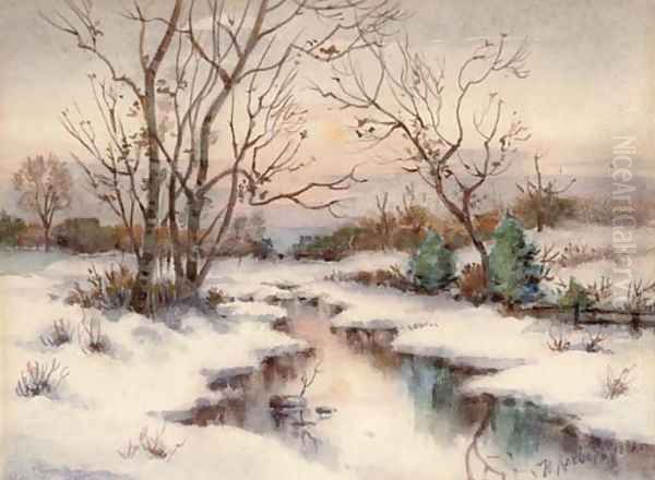 A stream in a winter landscape Oil Painting by Iulii Iul'evich (Julius) Klever