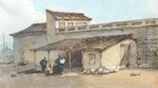 Chinese Figures Outside A Walled Building Oil Painting by George Chinnery