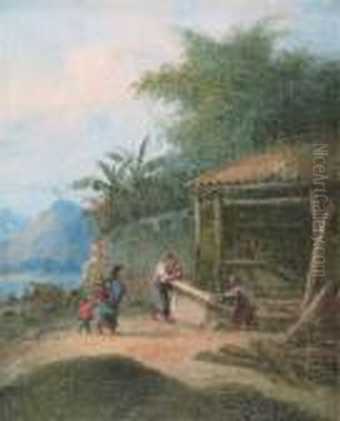 Working In The Timber Yard Oil Painting by George Chinnery