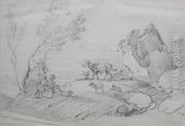 Figures, Cattle And Sheep By A Rockyoutcrop Oil Painting by George Chinnery