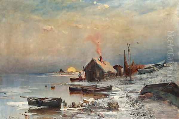 Fisherman's Cottage at Sunset Oil Painting by Iulii Iul'evich (Julius) Klever