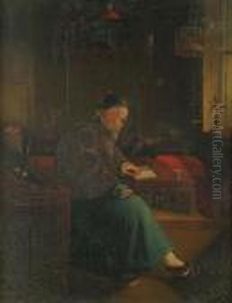 A Chinese Man Reading In A Interior Oil Painting by George Chinnery