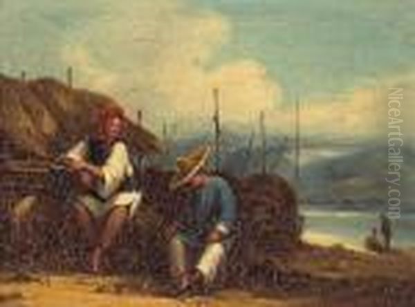 Figures Along A Shoreline Oil Painting by George Chinnery