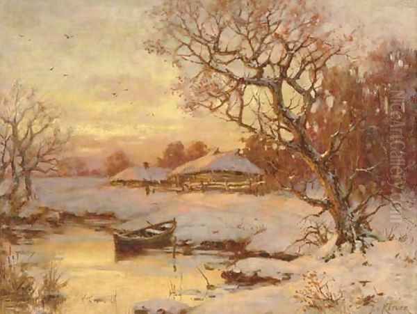 River Landscape at Sunset Oil Painting by Iulii Iul'evich (Julius) Klever