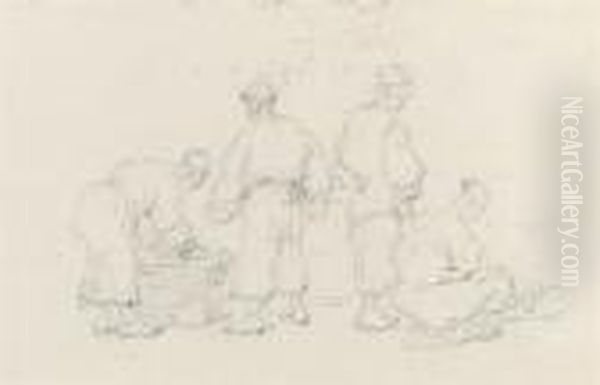 Four Chinese Figures: Buyers And Sellers Oil Painting by George Chinnery