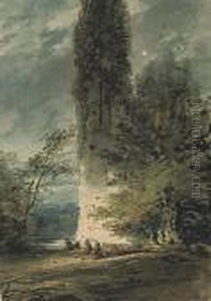 Figures And Cattle Beneath A Ruin Oil Painting by George Chinnery