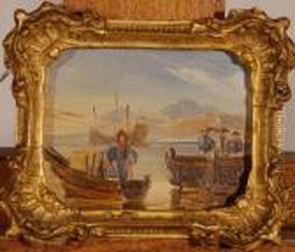 Figures And Boats In Macao Oil Painting by George Chinnery