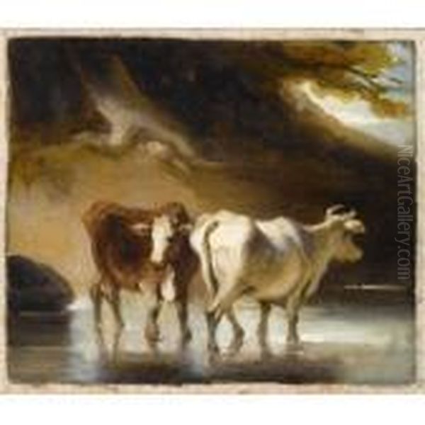 Cattle Fording A River Oil Painting by George Chinnery