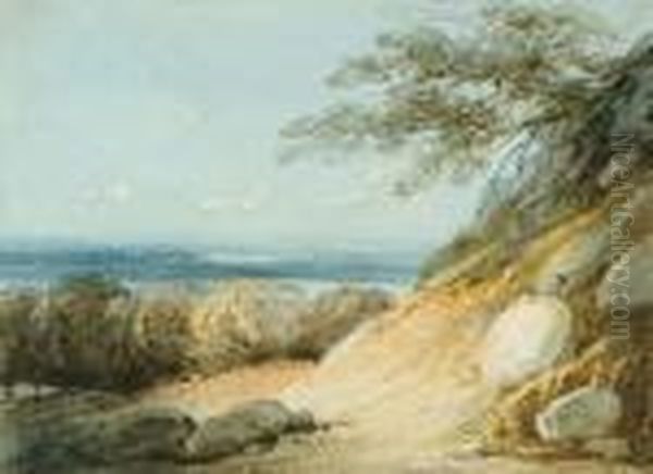 A Rocky Hillside Landscape Oil Painting by George Chinnery