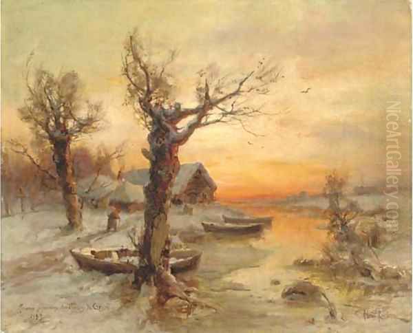 The riverside at winter Oil Painting by Iulii Iul'evich (Julius) Klever