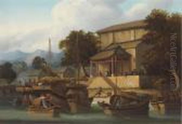 Sampans And Junks On A Chinese River Oil Painting by George Chinnery