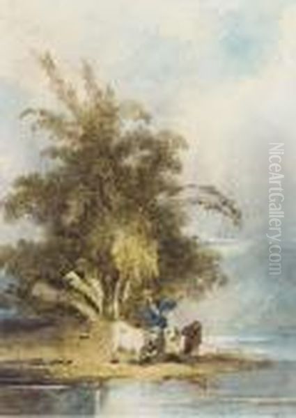 A Chinaman With Goats On A Riverbank Oil Painting by George Chinnery