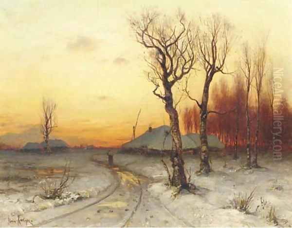 Winter snowcovered farms at dusk Oil Painting by Iulii Iul'evich (Julius) Klever