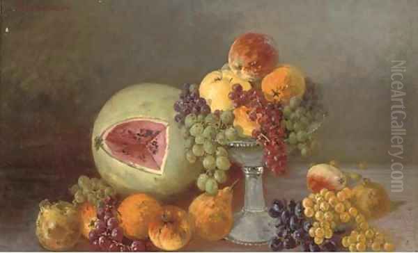 A melon, oranges, pears, grapes and pomegranates Oil Painting by Iulii Iul'evich (Julius) Klever