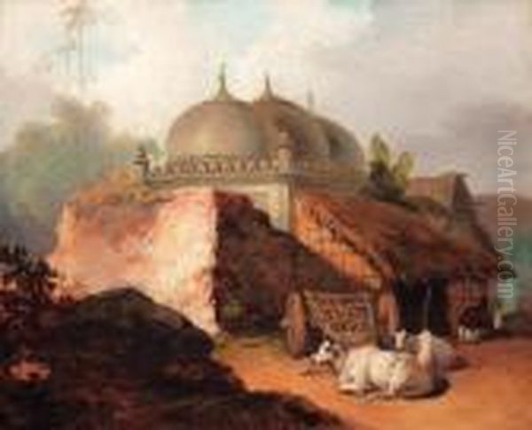 Cattle Resting By A Mosque Oil Painting by George Chinnery