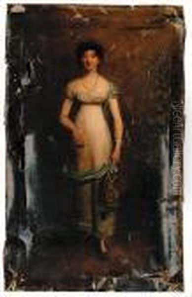 Portrait Of A Lady, Small 
Full-length, In A White Dress And A Blueshawl, Holding A Basket Standing
 In A Garden Oil Painting by George Chinnery